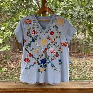 Reba Women's Blue Embroidered V-Neck Top Size L